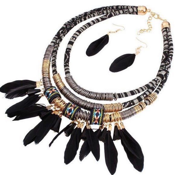 Tribal 3 layer Feather Necklace and Earrings - Picture 1 of 4
